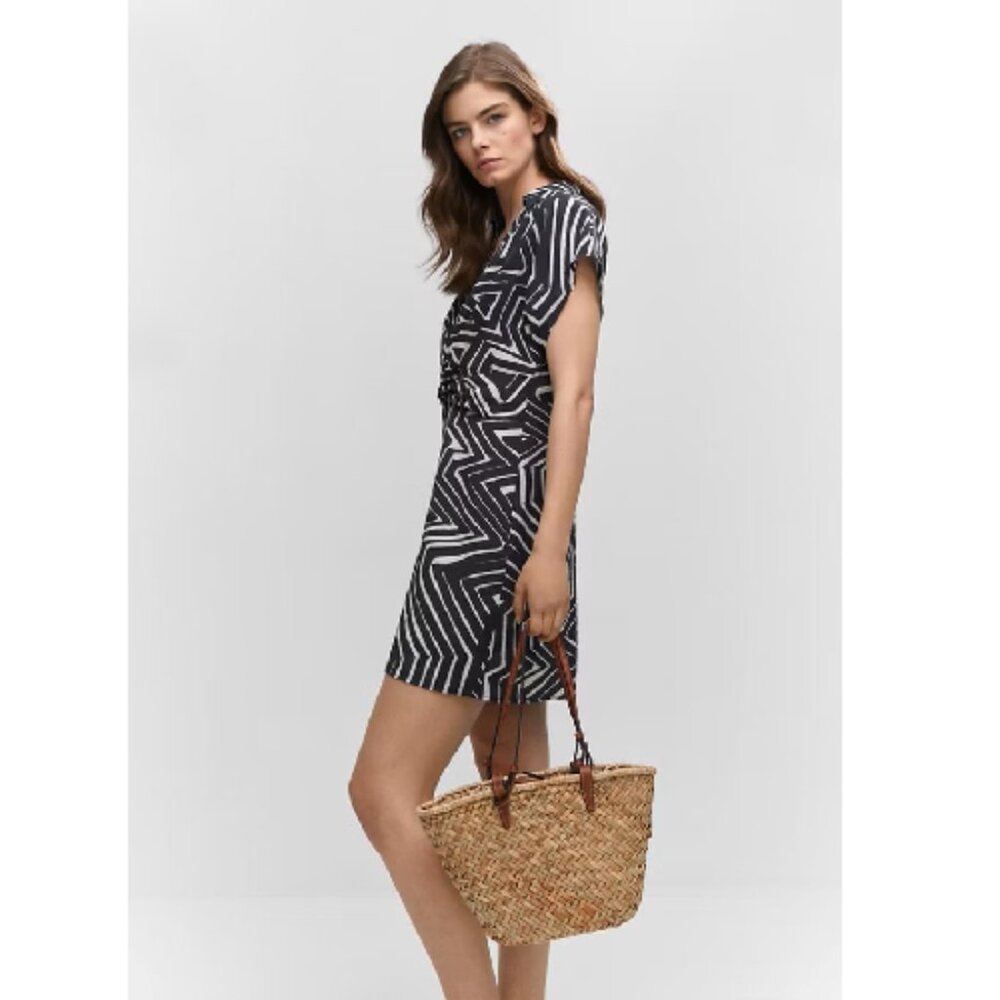 Mango NWT Shirt Style Short Printed Mini Dress Knot Waist Summer Beach Size 2